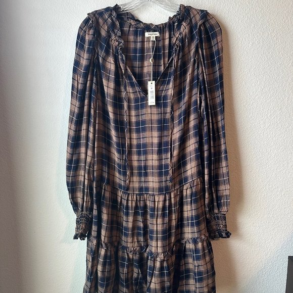 Max Studio Women Plaid Long Smock Sleeve Short Dress, Size M